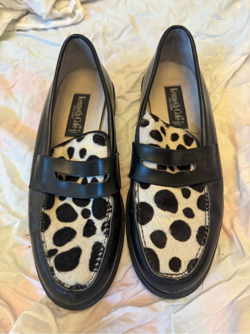 Kenneth Cole Black Leather Loafers with Dalmatian Haircalf